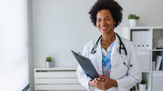 female Black doctor with a welcoming smile