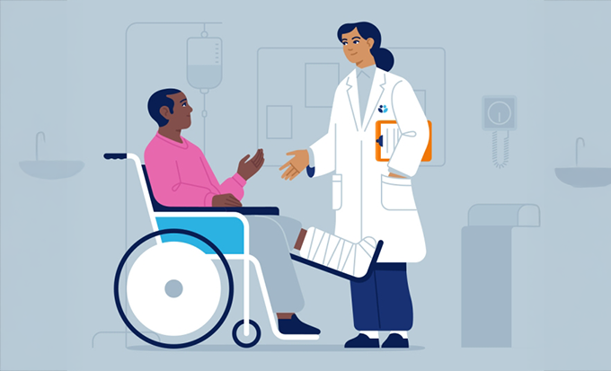 Man in wheelchair talking to female doctor illustration